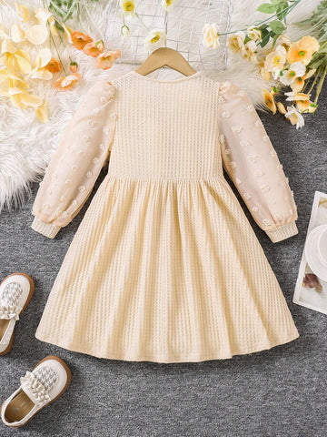 Young Girls Sweet And Cute & Elegant Swiss Dot Lantern Sleeve Waffle Knit Dress
