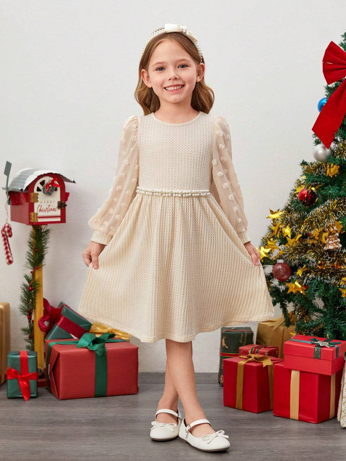 Young Girls Sweet And Cute & Elegant Swiss Dot Lantern Sleeve Waffle Knit Dress