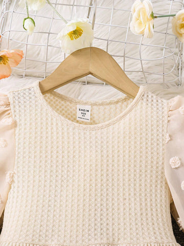 Young Girls Sweet And Cute & Elegant Swiss Dot Lantern Sleeve Waffle Knit Dress