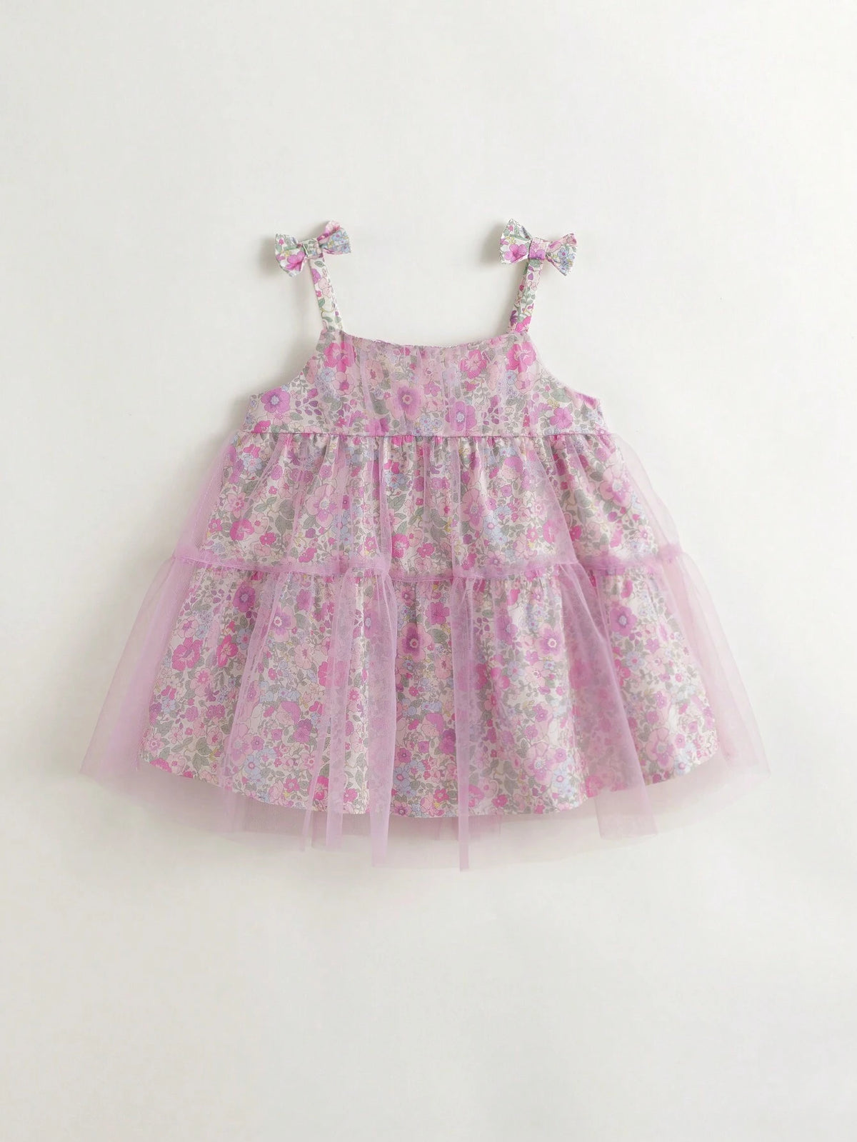 Young Girls' Sweet And Floral Allover Print Mesh Tutu Dress With Bowknot Strap, Summer