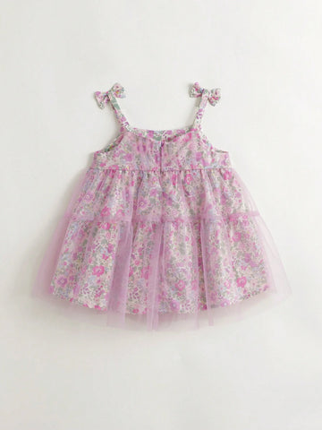 Young Girls' Sweet And Floral Allover Print Mesh Tutu Dress With Bowknot Strap, Summer