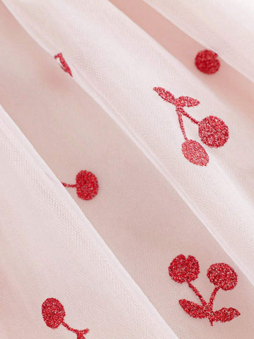 Young Girls Sweet And Lovely Cherry Allover Print Mesh Spaghetti Strap Dress Princess Dress, Summer
