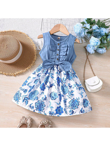Young Girl's Sweet And Lovely Country-Style Sleeveless Dress With Flower Print, Bowknot Decoration And Patchwork Detail