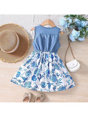 Young Girl's Sweet And Lovely Country-Style Sleeveless Dress With Flower Print, Bowknot Decoration And Patchwork Detail