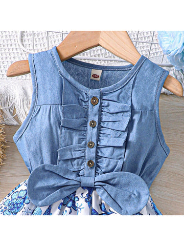 Young Girl's Sweet And Lovely Country-Style Sleeveless Dress With Flower Print, Bowknot Decoration And Patchwork Detail