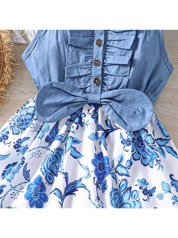 Young Girl's Sweet And Lovely Country-Style Sleeveless Dress With Flower Print, Bowknot Decoration And Patchwork Detail