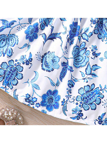 Young Girl's Sweet And Lovely Country-Style Sleeveless Dress With Flower Print, Bowknot Decoration And Patchwork Detail