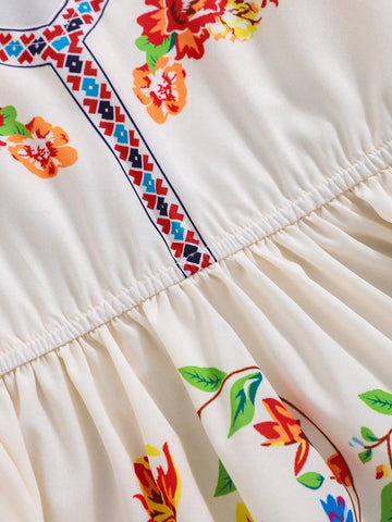 Young Girl's Sweet And Lovely Romantic Floral Printed Dress With Fringe Cuff Detail