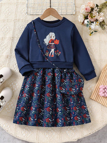 Young Girls Sweet Cartoon Girl Print Crew Neck Long Sleeve Stitching Mid-Length Hoodie Dress And Matching Bag, Children Spring Autumn Outdoor Play Vacation Dress