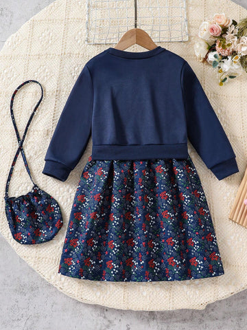 Young Girls Sweet Cartoon Girl Print Crew Neck Long Sleeve Stitching Mid-Length Hoodie Dress And Matching Bag, Children Spring Autumn Outdoor Play Vacation Dress