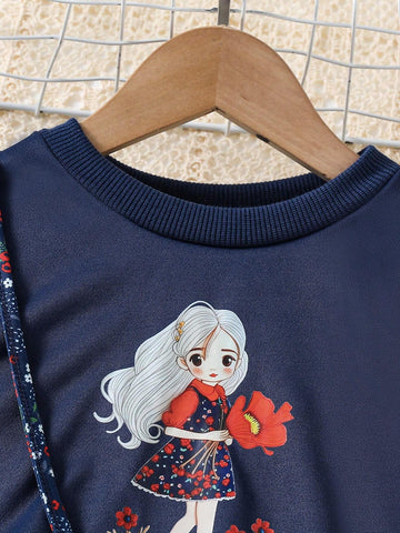 Young Girls Sweet Cartoon Girl Print Crew Neck Long Sleeve Stitching Mid-Length Hoodie Dress And Matching Bag, Children Spring Autumn Outdoor Play Vacation Dress