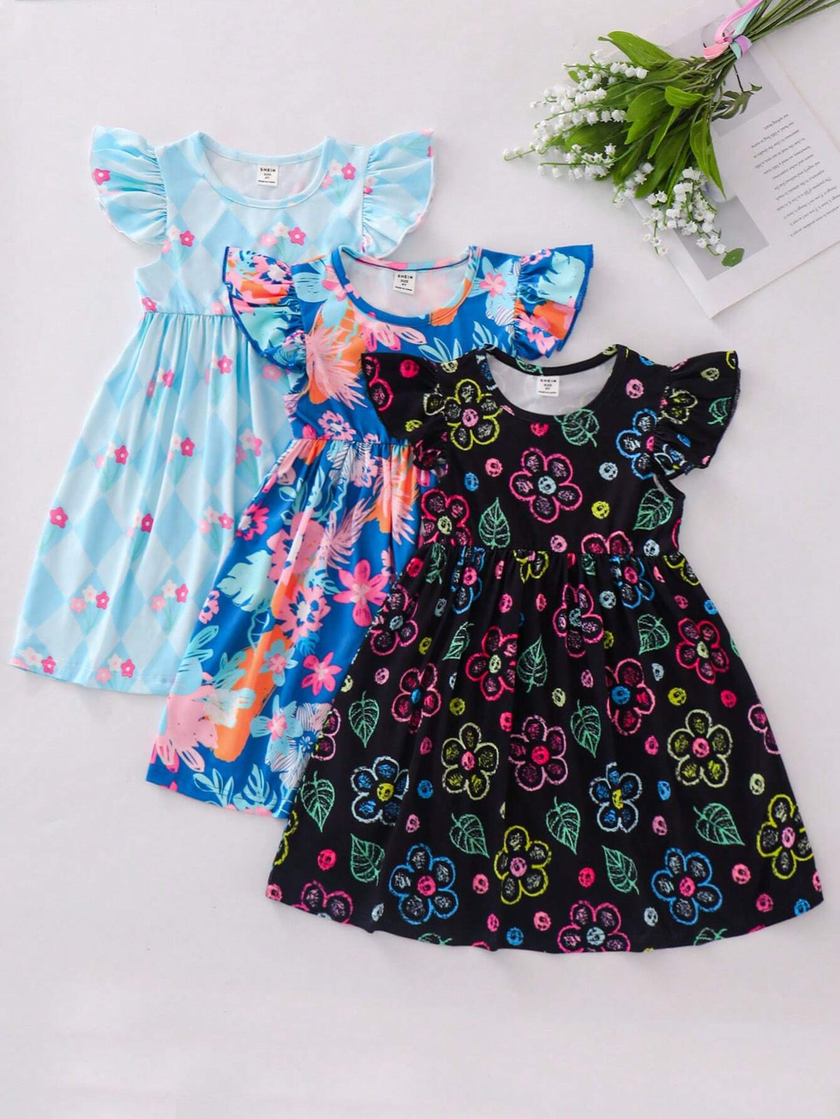 Young Girls' Sweet Casual Round Neck Flounced Sleeves Floral Print Dress Set For Summer
