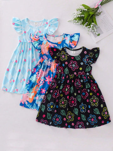 Young Girls' Sweet Casual Round Neck Flounced Sleeves Floral Print Dress Set For Summer
