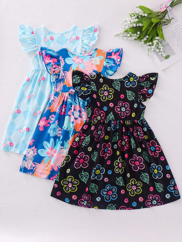 Young Girls' Sweet Casual Round Neck Flounced Sleeves Floral Print Dress Set For Summer