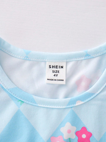 Young Girls' Sweet Casual Round Neck Flounced Sleeves Floral Print Dress Set For Summer