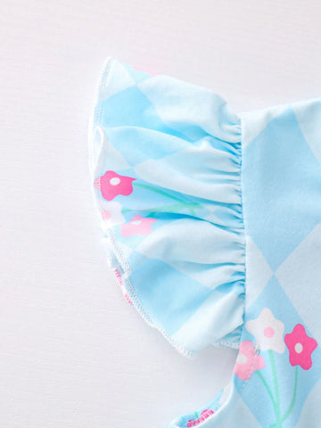 Young Girls' Sweet Casual Round Neck Flounced Sleeves Floral Print Dress Set For Summer