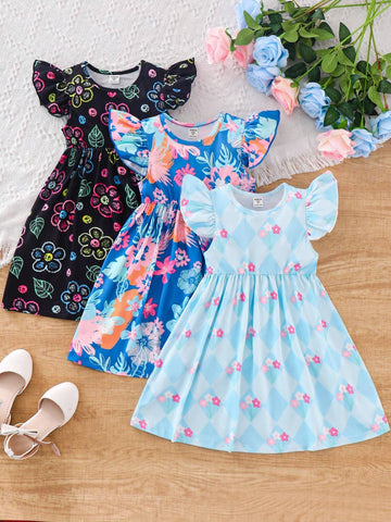 Young Girls' Sweet Casual Round Neck Flounced Sleeves Floral Print Dress Set For Summer