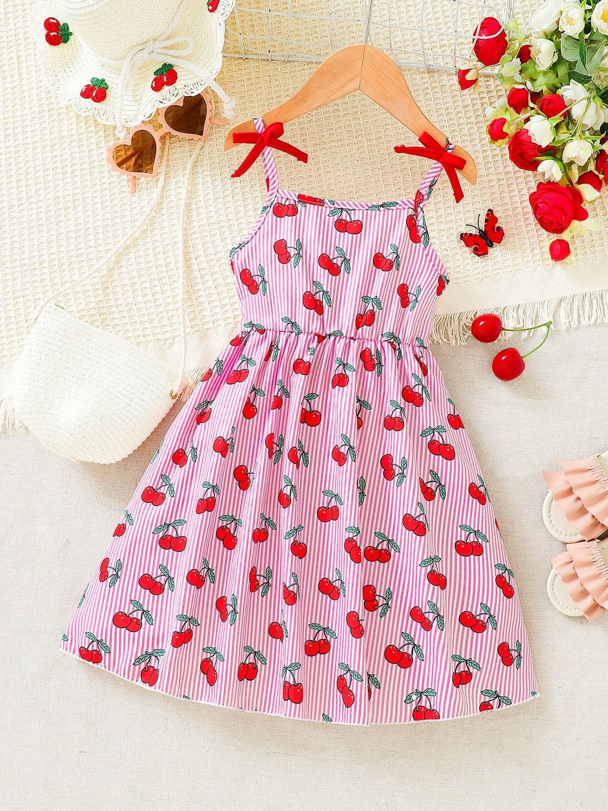 Young Girls' Sweet Cherry Striped & Floral Print Sleeveless Dress With Bowknot Decoration, Spring/Summer
