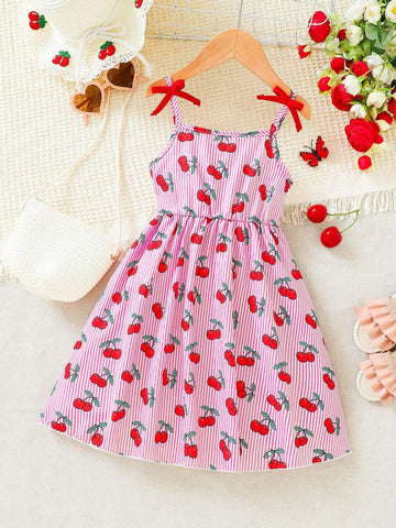 Young Girls' Sweet Cherry Striped & Floral Print Sleeveless Dress With Bowknot Decoration, Spring/Summer