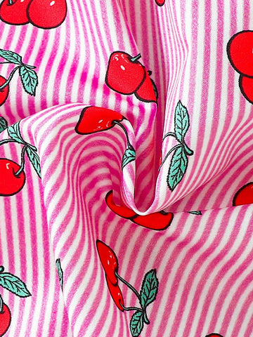 Young Girls' Sweet Cherry Striped & Floral Print Sleeveless Dress With Bowknot Decoration, Spring/Summer