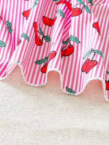 Young Girls' Sweet Cherry Striped & Floral Print Sleeveless Dress With Bowknot Decoration, Spring/Summer
