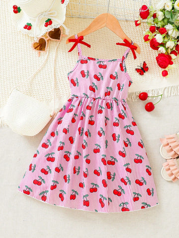 Young Girls' Sweet Cherry Striped & Floral Print Sleeveless Dress With Bowknot Decoration, Spring/Summer