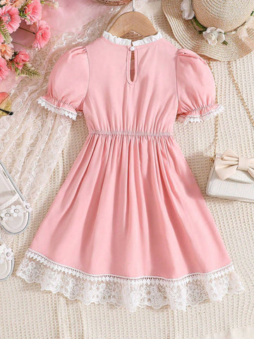 Young Girl's Sweet Color-Blocked Lace Hem Bubble Sleeve Dress, Summer Stylish