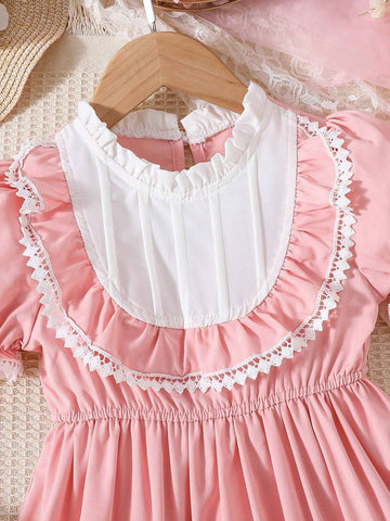 Young Girl's Sweet Color-Blocked Lace Hem Bubble Sleeve Dress, Summer Stylish