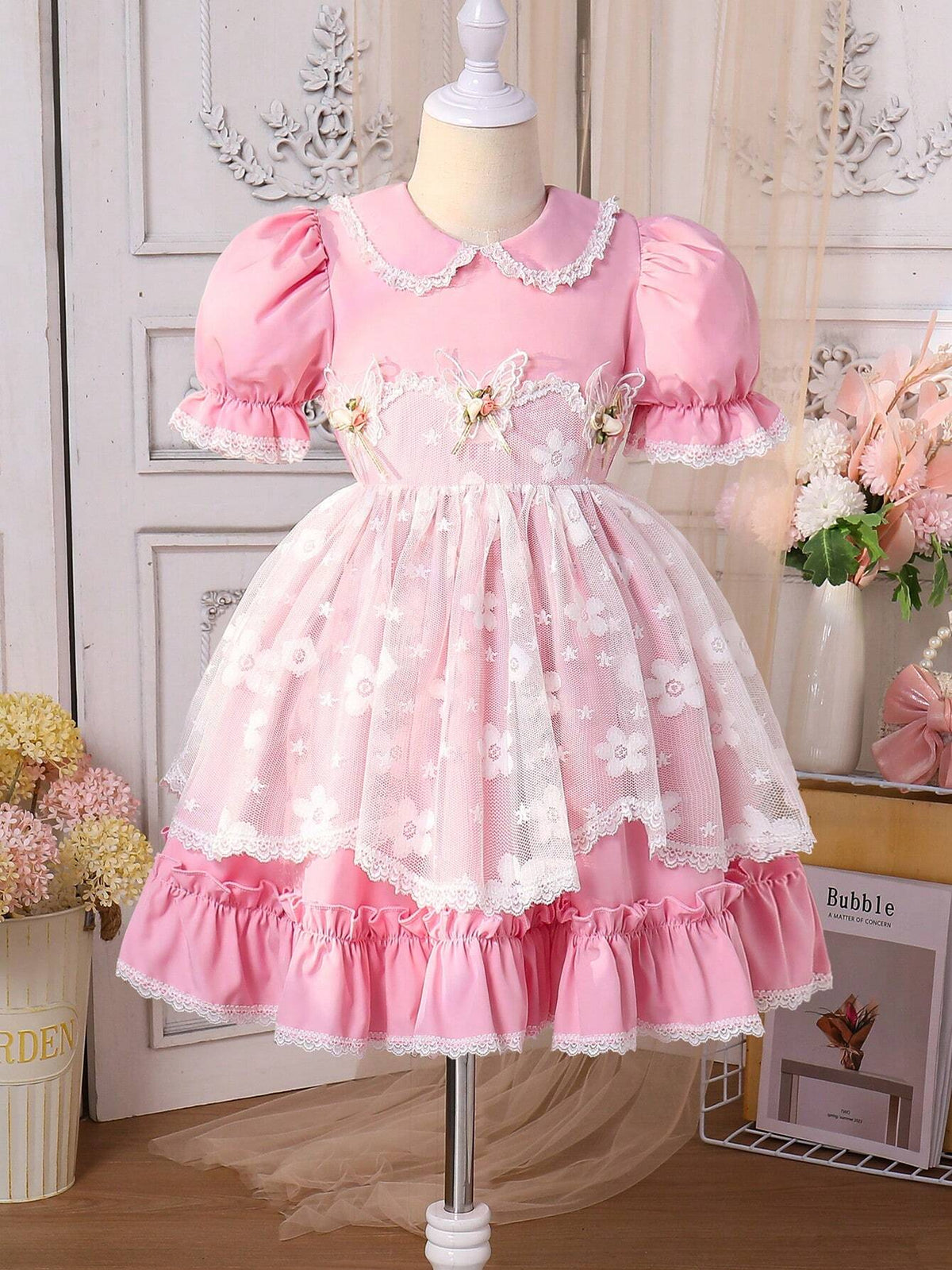 Young Girls Sweet Color Blocking Lace Patchwork Puff Sleeve Bubble Dress For Summer