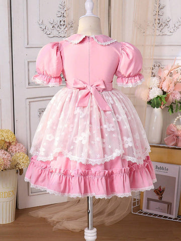 Young Girls Sweet Color Blocking Lace Patchwork Puff Sleeve Bubble Dress For Summer
