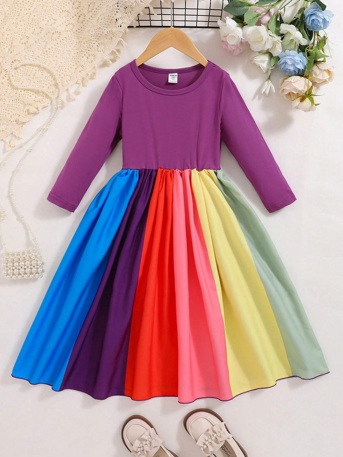 Young Girls Sweet Cute Round Neck Solid Color Long Sleeve Rainbow Hem Dress