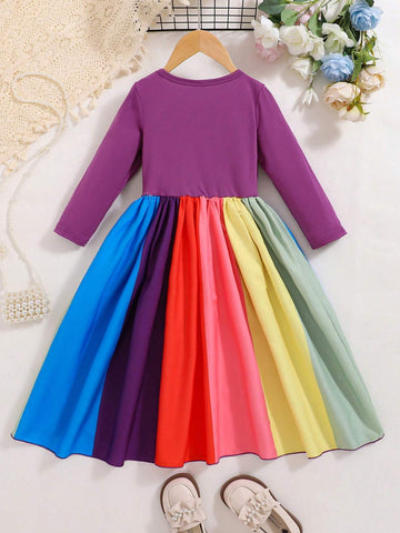 Young Girls Sweet Cute Round Neck Solid Color Long Sleeve Rainbow Hem Dress