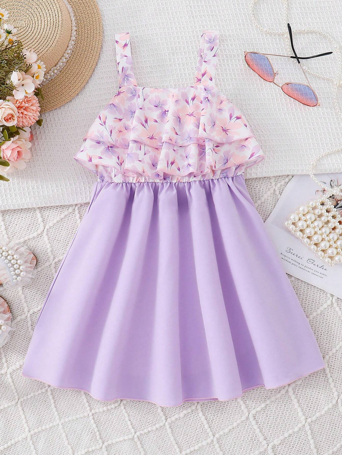Young Girl's Sweet Double-Layered Ruffled Spaghetti Strap A-Line Dress With Leaf Trim Detail, Cute Summer Outfit