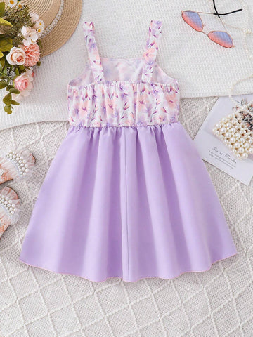 Young Girl's Sweet Double-Layered Ruffled Spaghetti Strap A-Line Dress With Leaf Trim Detail, Cute Summer Outfit
