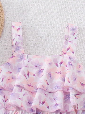 Young Girl's Sweet Double-Layered Ruffled Spaghetti Strap A-Line Dress With Leaf Trim Detail, Cute Summer Outfit