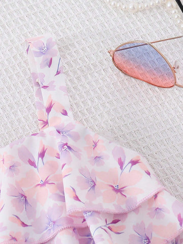 Young Girl's Sweet Double-Layered Ruffled Spaghetti Strap A-Line Dress With Leaf Trim Detail, Cute Summer Outfit