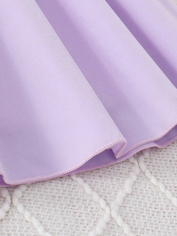 Young Girl's Sweet Double-Layered Ruffled Spaghetti Strap A-Line Dress With Leaf Trim Detail, Cute Summer Outfit