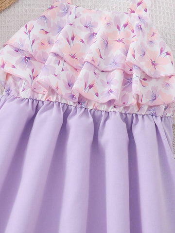 Young Girl's Sweet Double-Layered Ruffled Spaghetti Strap A-Line Dress With Leaf Trim Detail, Cute Summer Outfit