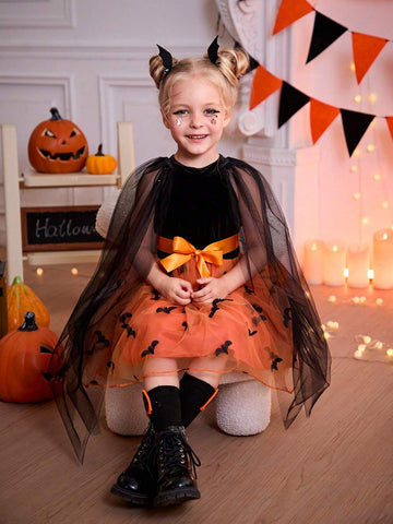 Young Girls Sweet Elegant Embroidered Bat Wing Cloak Dress, Suitable For Halloween, Travel, Shopping, Holiday, Party, Daily Wear, Spring, Autumn, Winter, Fitted Long Sleeve For Cute Girls