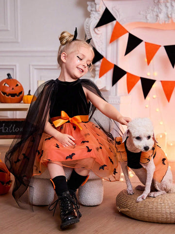 Young Girls Sweet Elegant Embroidered Bat Wing Cloak Dress, Suitable For Halloween, Travel, Shopping, Holiday, Party, Daily Wear, Spring, Autumn, Winter, Fitted Long Sleeve For Cute Girls