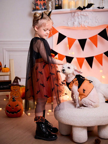 Young Girls Sweet Elegant Embroidered Bat Wing Cloak Dress, Suitable For Halloween, Travel, Shopping, Holiday, Party, Daily Wear, Spring, Autumn, Winter, Fitted Long Sleeve For Cute Girls