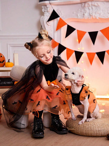 Young Girls Sweet Elegant Embroidered Bat Wing Cloak Dress, Suitable For Halloween, Travel, Shopping, Holiday, Party, Daily Wear, Spring, Autumn, Winter, Fitted Long Sleeve For Cute Girls