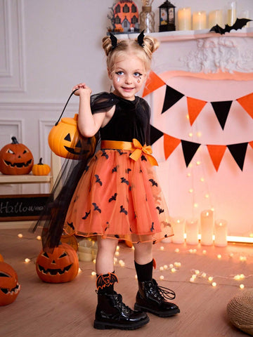 Young Girls Sweet Elegant Embroidered Bat Wing Cloak Dress, Suitable For Halloween, Travel, Shopping, Holiday, Party, Daily Wear, Spring, Autumn, Winter, Fitted Long Sleeve For Cute Girls