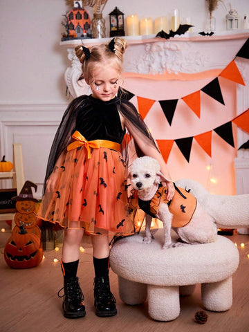 Young Girls Sweet Elegant Embroidered Bat Wing Cloak Dress, Suitable For Halloween, Travel, Shopping, Holiday, Party, Daily Wear, Spring, Autumn, Winter, Fitted Long Sleeve For Cute Girls