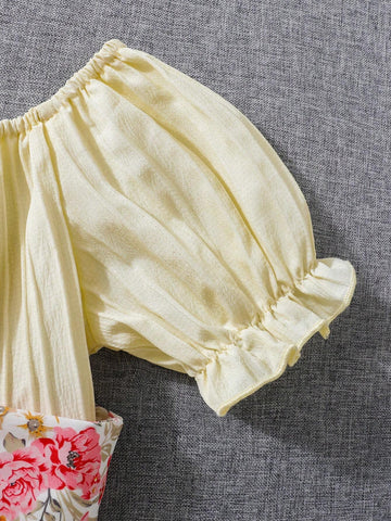 Young Girls' Sweet Floral Elegant Puff Sleeve Dress