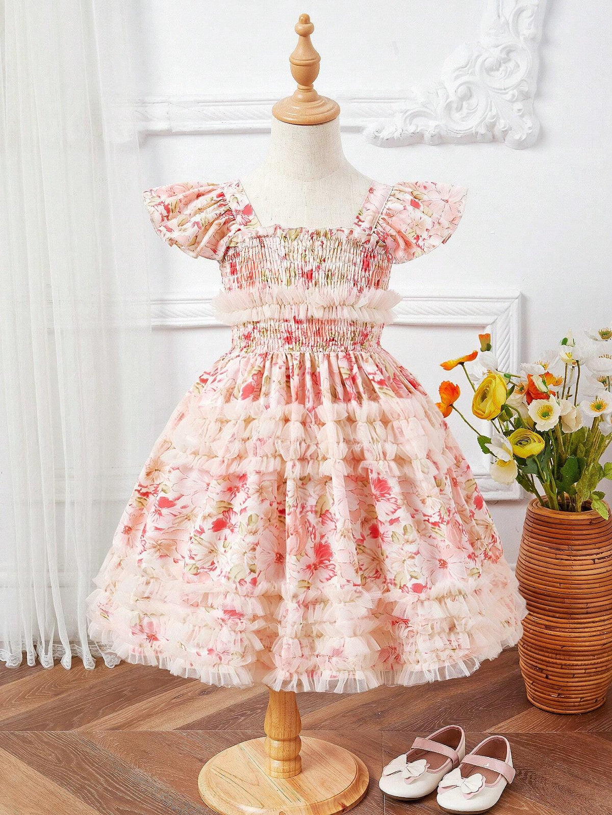 Young Girl's Sweet Floral Print Mesh Patchwork Casual Holiday Dress