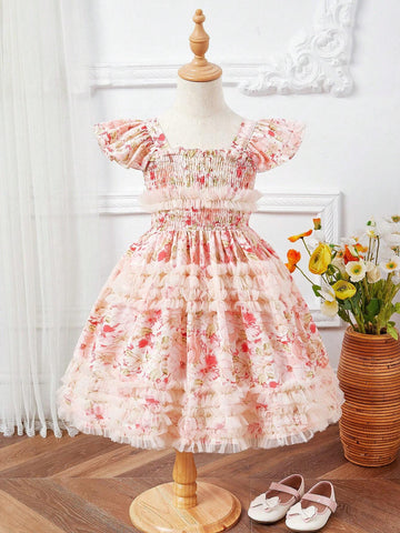 Young Girl's Sweet Floral Print Mesh Patchwork Casual Holiday Dress