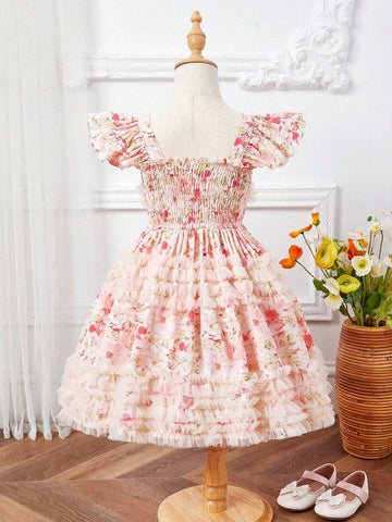 Young Girl's Sweet Floral Print Mesh Patchwork Casual Holiday Dress