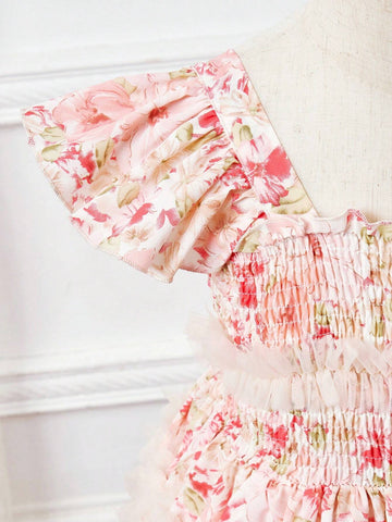 Young Girl's Sweet Floral Print Mesh Patchwork Casual Holiday Dress