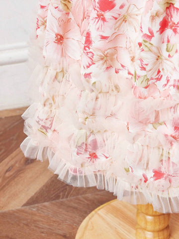 Young Girl's Sweet Floral Print Mesh Patchwork Casual Holiday Dress